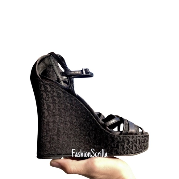 DIOR Black Diorissimo Oblique Monogram Trotter Logo Platform Sandal Wedge Heels - Picture 11 of 11